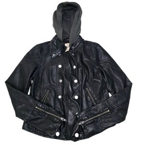 Free People Vegan Leather Hooded Moto Jacket Black Double Breasted Size S